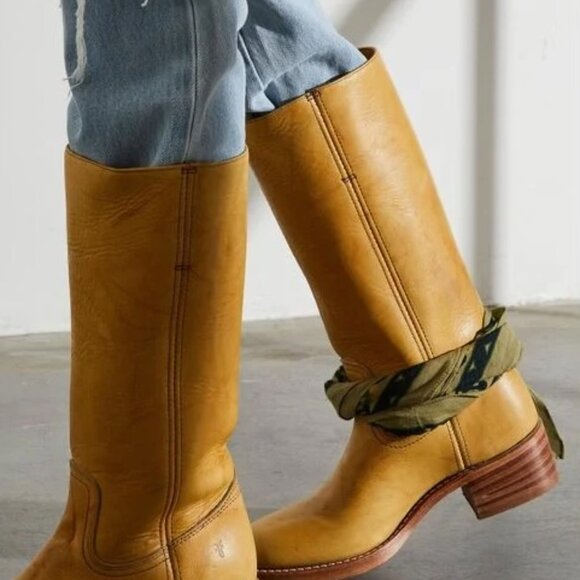 Frye Campus Banana Boots 7 Yellow Square Toe 14L Marble Perfectly Broken In - Picture 2 of 14
